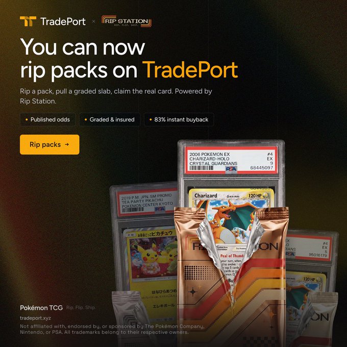 An advertisement for TradePort x Rip Station reads 'You can now rip packs on TradePort,' featuring a Charizard Pokémon card pack and graded slabs with details like 'Published odds,' 'Graded & insured,' and '83% instant buyback.'
