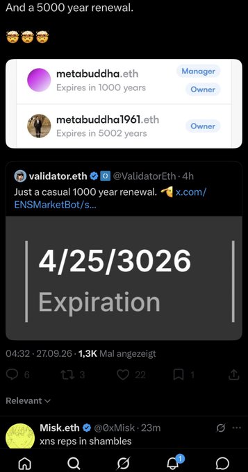 A Twitter screenshot showing a post by @ValidatorEth about a 'casual 1000 year renewal' for ENS domains, highlighting 'metabuddha.eth' expiring in 1000 years and an expiration date of 4/25/3026.