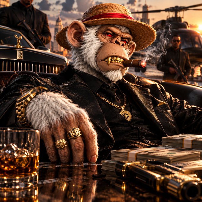 A stylized illustration of an anthropomorphic monkey wearing a straw hat, gold chains, and rings, smoking a cigar while sitting at a table with stacks of cash, a gun, and a glass of whiskey, with a luxury car and helicopter in the background.