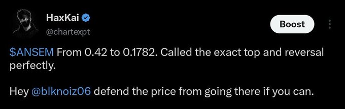 A tweet from HaxKai (@chartexpt) claims to have called $ANSEM's price drop "from 0.42 to 0.1782," tagging @blknoiz06 to defend the price. The post relates to the accompanying commentary noting that right after this call, influencers began heavily shilling $ANSEM and predicting it would reach a trillion dollars.