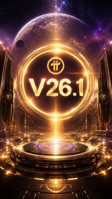 A futuristic sci-fi digital artwork displays 'V26.1' within a glowing golden circular portal, set against a cosmic backdrop with a planet and dark towers.