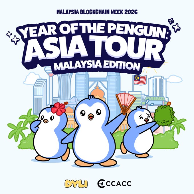This image promotes "Year of the Penguin: Asia Tour - Malaysia Edition" during Malaysia Blockchain Week 2026. The illustration features cartoon penguins in front of a Malaysian cityscape, with the event logos DYLI and CCACC at the bottom.