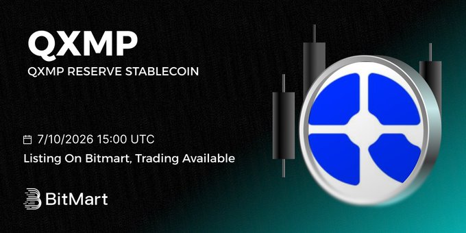 The image is a promotional graphic announcing that QXMP Reserve Stablecoin (QXMP) will be listed on BitMart with trading available on 7/10/2026 at 15:00 UTC. It reinforces the post's call to research QXMP Labs ahead of an anticipated token launch.