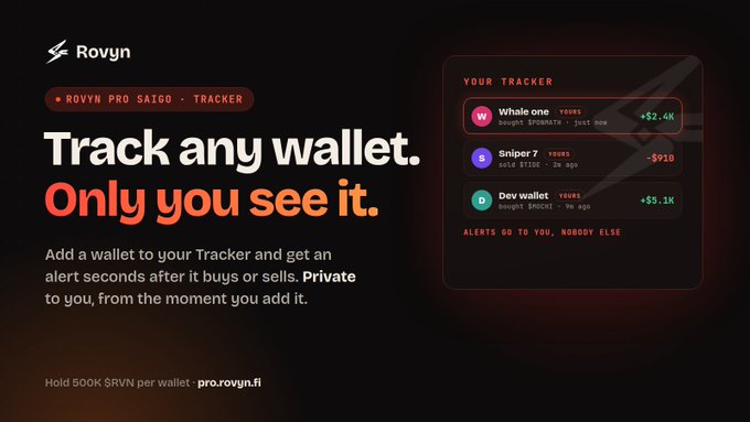 Promotional banner for 'Rovyn' cryptocurrency service reading 'Track any wallet. Only you see it.' alongside a sample 'ROVYN PRO SAIGO · TRACKER' interface showing wallet activity for WhaleOne (+$2.4K), Sniper 7 (-$910), and Dev wallet (+$5.1K).