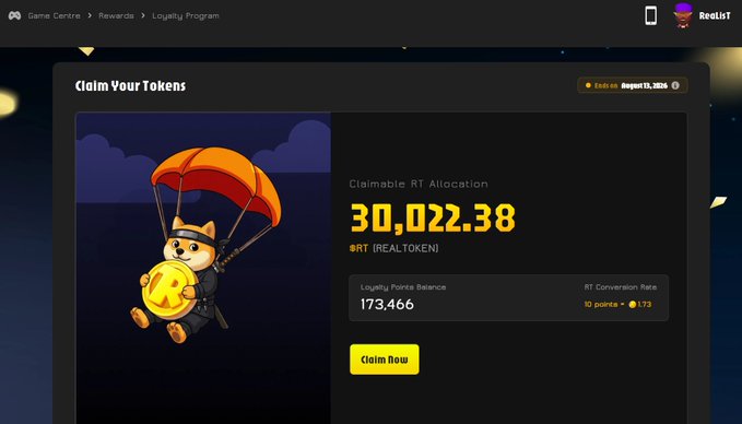 A loyalty program dashboard displays a "Claim Your Tokens" screen showing a claimable RT (REALTOKEN) allocation of 30,022.38, derived from a Loyalty Points Balance of 173,466 at a conversion rate of 10 points = 1.73 RT, with an "Ends on: August 11, 2024" countdown—signaling an upcoming Token Generation Event (TGE) where users can convert their earned loyalty points into RT tokens.
