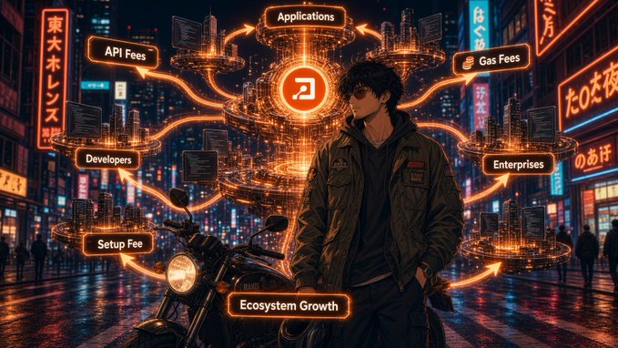 An anime-style illustration of a young man standing beside a motorcycle in a neon-lit city street, surrounded by glowing interconnected nodes labeled with terms like "API Fees," "Gas Fees," "Developers," "Enterprises," "Setup Fee," "Applications," and "Ecosystem Growth."