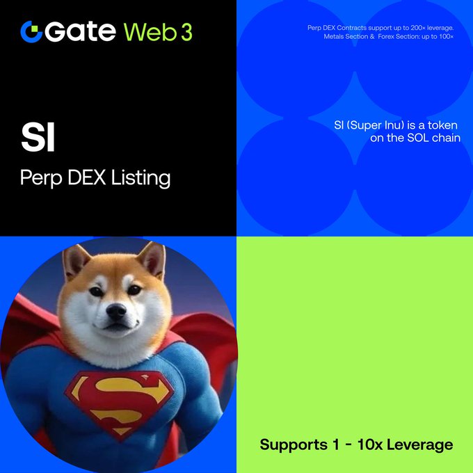 A promotional graphic from 'Gate Web3' announces 'SI Perp DEX Listing' for the SI (Super Inu) token on the SOL chain, featuring a Shiba Inu dog dressed as Superman.