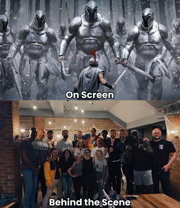 A split image showing "On Screen" a group of menacing armored warriors towering over a lone Spartan warrior, contrasted with "Behind the Scene" a casual photo of a diverse team gathered in a workshop. The caption highlights the creative effort behind building immersive fictional worlds, with visible text reading "Gn" (goodnight), "On Screen," and "Behind the Scene," along with a partially visible "1971" on a team member's shirt.