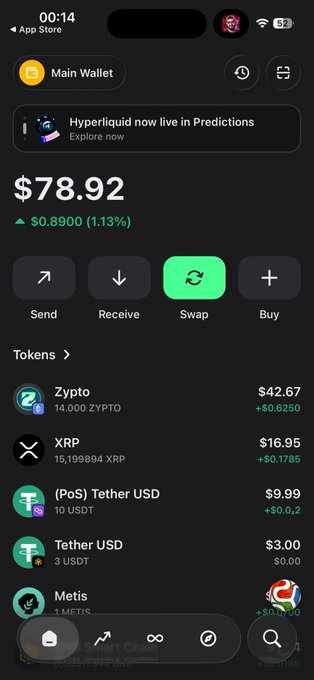 A mobile wallet app screenshot showing a Main Wallet balance of $78.92 with tokens including Zypto ($42.67), XRP ($16.95), Tether USD, and Metis.
