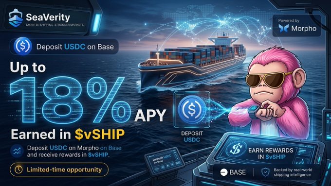 An advertisement for 'SeaVerity' by Morpho offering up to 18% APY on USDC deposits on Base, with rewards earned in $vSHIP, featuring a cartoon monkey mascot and a cargo ship.