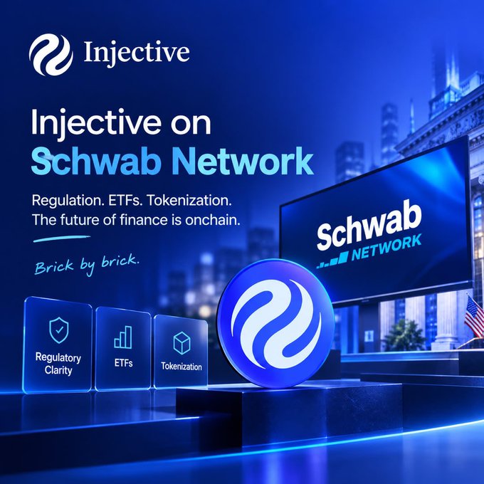 A promotional graphic for Injective on Schwab Network with the tagline 'Regulation. ETFs. Tokenization. The future of finance is onchain. Brick by brick.'