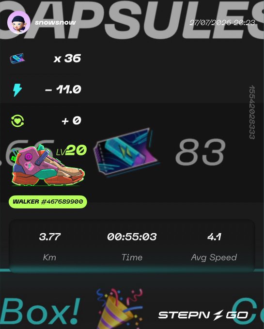 A STEPN GO app screenshot showing a sneaker NFT loot box with LV20, 36 capsules, -11.0 energy, 83 gems, and a walk of 3.77 km in 55:03 at 4.1 avg speed.