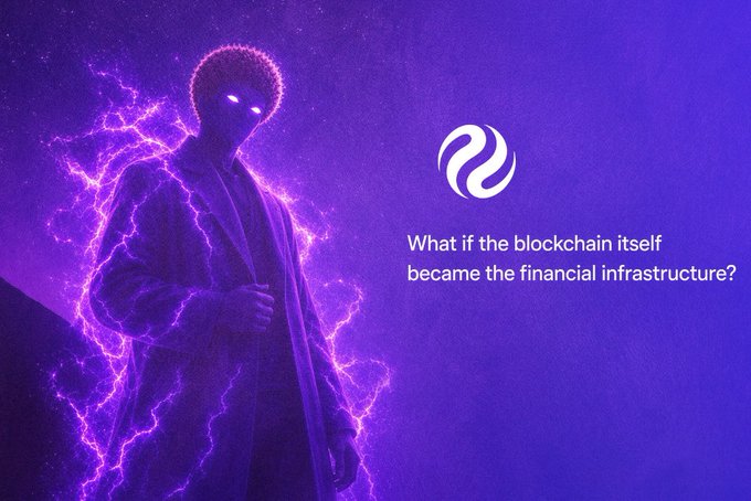 A purple promotional graphic featuring a figure with glowing eyes surrounded by lightning, with text reading 'What if the blockchain itself became the financial infrastructure?'