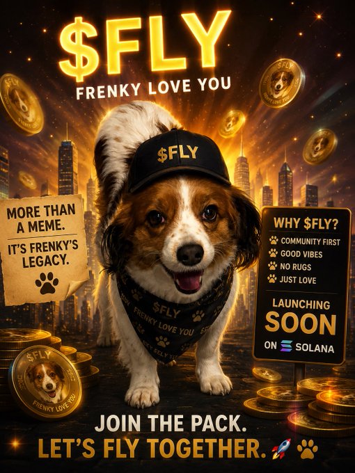 A promotional poster for a cryptocurrency called "$FLY FRENKY LOVE YOU," featuring the same dog wearing a "$FLY" cap and bandana, set against a golden cityscape background with text "JOIN THE PACK. LET'S FLY TOGETHER" and "LAUNCHING SOON ON SOLANA."