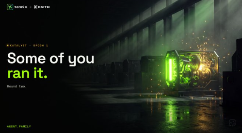 A promotional graphic with text 'Some of you ran it.' and 'Round two.' alongside TemX and KAITO logos, featuring a glowing green sci-fi device in a dark industrial setting.
