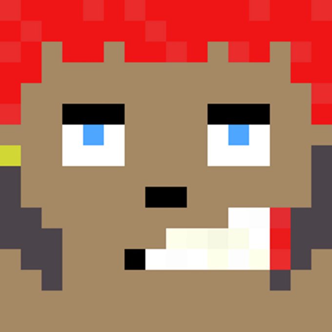 A pixel art portrait of a face with brown skin, blue eyes, and red hair, holding a white cigarette with a red filter.