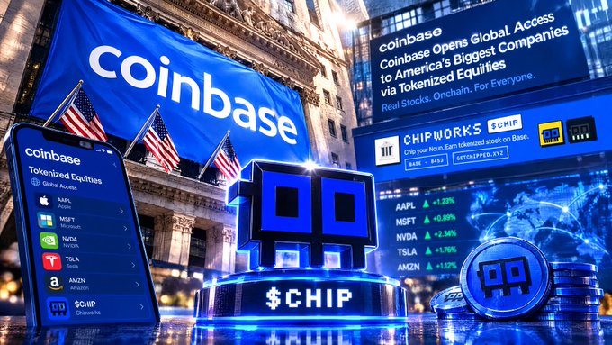 A promotional graphic features 'coinbase' banners, a mobile app showing 'Tokenized Equities', and a central '$CHIP' logo surrounded by stock tickers like AAPL, MSFT, NVDA, TSLA, and AMZN.
