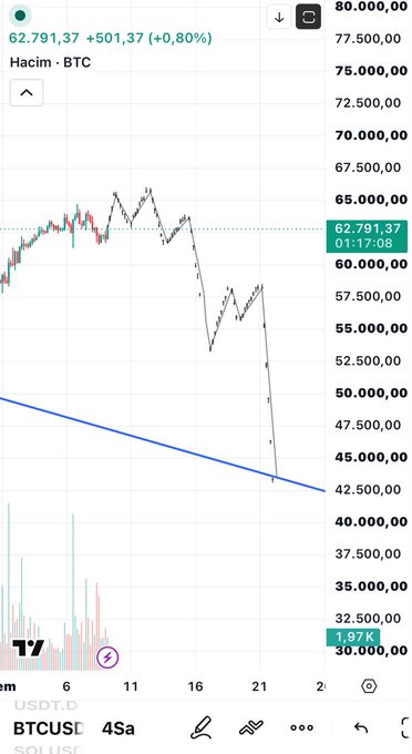 A TradingView chart of BTCUSD on a 4-hour timeframe shows Bitcoin at $62,791.37, up +$501.37 (+0.80%), following a sharp decline from highs near $70,000 down to around $45,000 before a recovery bounce. The image illustrates the post's point about Bitcoin's volatile price action, suggesting that while the drop has been steep, there's no need to overanalyze it as the market will ultimately decide its direction.