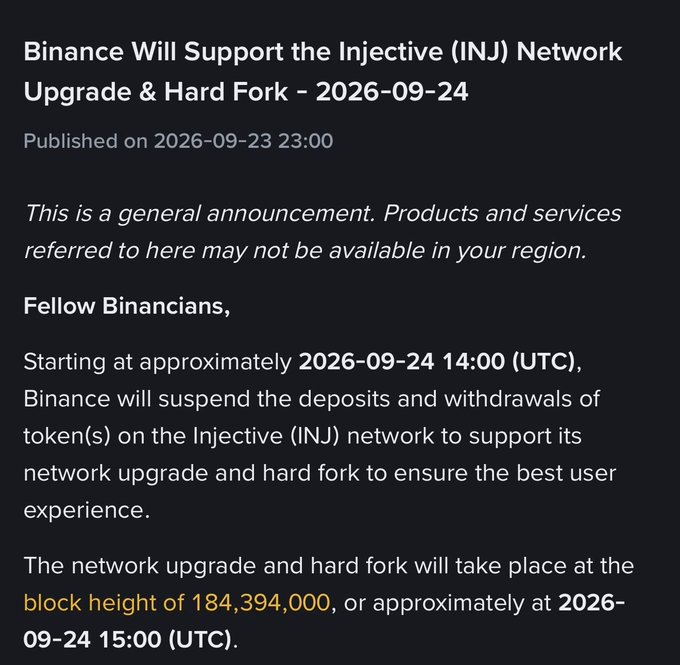 A Binance announcement titled 'Binance Will Support the Injective (INJ) Network Upgrade & Hard Fork – 2026-09-24', detailing a suspension of deposits and withdrawals at block height 184,394,000.