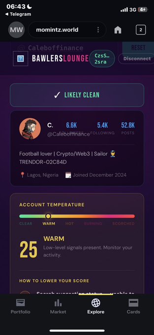 Mobile app screenshot from momintz.world showing a Caleboffinance account profile with 'LIKELY CLEAN' status, 6.6K followers, and an account temperature score of 25 (WARM).