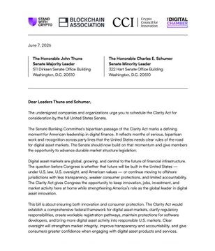 The image shows a letter written by two individuals, John Thune and Charles E. Schmer, addressed to the Senate. The letter discusses the need for the Senate to pass the CLARITY Act, which would clarify the statute of limitations for copyright claims. The text in the letter is in black, making it stand out against the white background. The image also contains a post that reads: "BREAKING: Stand With Crypto + 200 orgs are urge Senate to bring the CLARITY ACT to a full vote". This message emphasizes the importance of the bill and encourages support from various organizations.