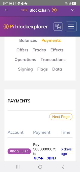 A screenshot of the Pi Blockchain Explorer showing the "Payments" tab, which displays a single transaction from account GBQQ...JI25 paying 500,000,000 π to GC5R...3BNJ six days ago, visually confirming the large whale transfer mentioned in the accompanying post.