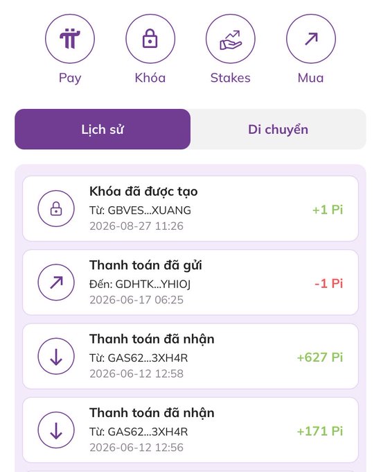 A mobile app interface in Vietnamese displays a transaction history with options for 'Pay', 'Khóa', 'Stakes', and 'Mua', showing recent Pi cryptocurrency activity including locks and transfers.