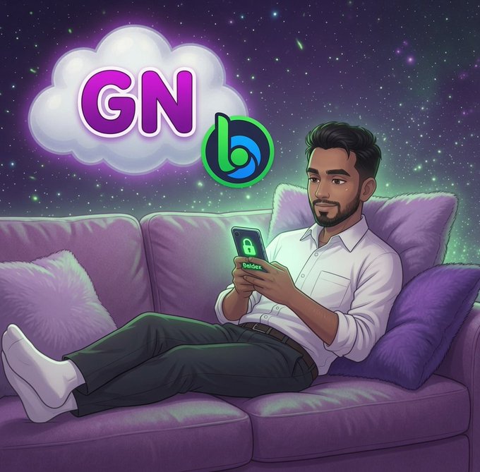 A digital illustration of a man relaxing on a purple couch looking at his phone, with thought bubbles showing 'GN' (good night) and logos for BeDex and another app against a starry background.