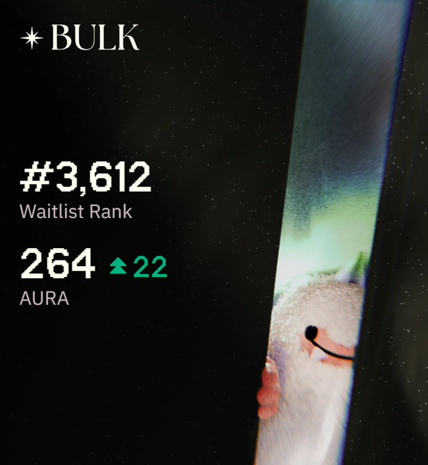 A screen showing the "BULK" app displays a Waitlist Rank of #3,612 and an AURA score of 264, next to an image of a cute character peeking from behind a surface.