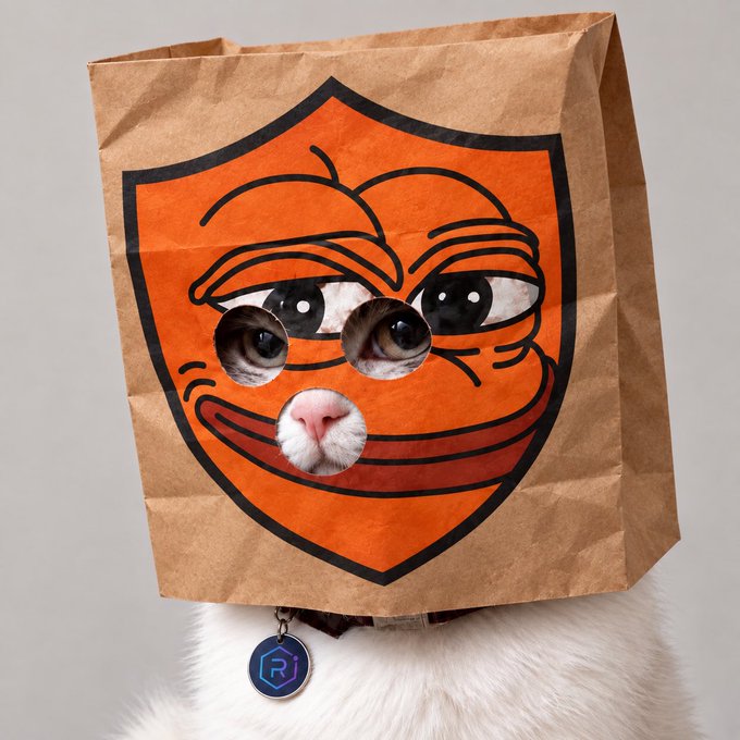 A white cat wearing a brown paper bag over its head, decorated with a drawing of the orange, smug Pepe the Frog face with cutouts for its eyes and nose.