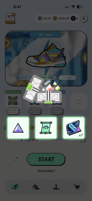 A mobile game screenshot of 'Jogger' at level 24, showing a virtual sneaker and three reward icons (a triangle, a currency symbol, and x7 crystals) above a 'START' button.