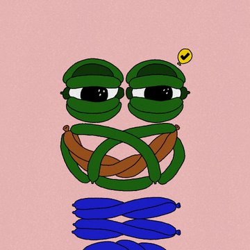 A digital illustration of a green, segmented character with large, expressive eyes and interlaced brown rope-like features on a pink background.