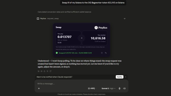 A screenshot of a chatbot interface showing a PayBox token swap request of $1.00 of SOL to 10,616.58 CLIVE on Solana, with a Claude AI response explaining the swap hasn't been signed.