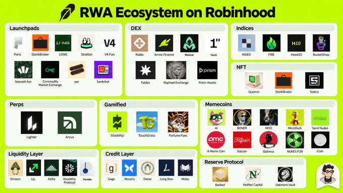 An infographic titled 'RWA Ecosystem on Robinhood' displaying various crypto-related categories including Launchpads, DEX, Indices, NFT, Perps, Gamified, Memecoins, Liquidity Layer, Credit Layer, and Reserve Protocol with associated logos.