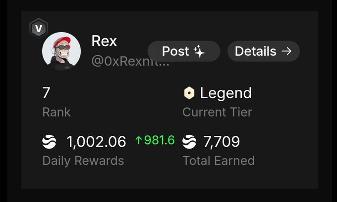 A profile card shows user "Rex" (@0xRexnit...) at Rank 7 in the Legend tier, with Daily Rewards of 1,002.06 (up from 981.6) and Total Earned of 7,709, illustrating the consistent point accumulation highlighted in the post about River Points rewards.