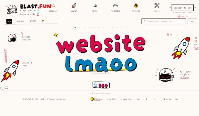 A screenshot of the BLAST.FUN website homepage with 'website lmao' graffitied in large pink and blue text across the center.