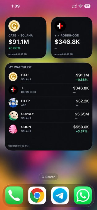 An iPhone home screen displays crypto watchlist widgets showing CATE: SOLANA at $91.1M (+0.68%) and ROBINHOOD at $346.8K, with a 'MY WATCHLIST' also including HTTP, CUPSEY, and GOON tokens.