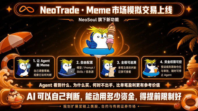 A promotional banner for 'NeoTrade' announcing the launch of 'Meme' market simulated trading under 'NeoSoul', featuring a penguin mascot in a pool float and explaining four AI Agent features in Chinese.