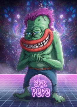A colorful digital illustration of a green, zombie-like character with purple hair and an exaggerated red smile, standing against a galaxy background with the text "SICK PEPE" at its feet.