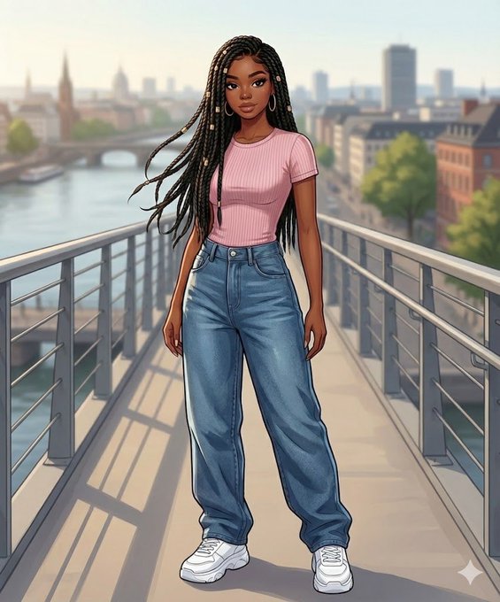 A stylized digital illustration of a young woman with long braided hair wearing a pink t-shirt, baggy jeans, and white sneakers, standing on a bridge over a river with a city skyline in the background.