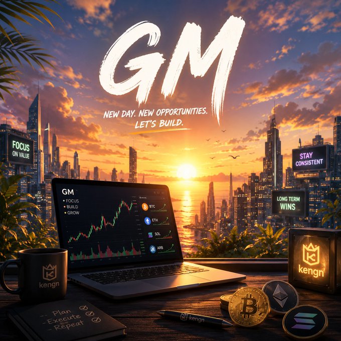 A motivational graphic with "GM" in large letters and "NEW DAY. NEW OPPORTUNITIES. LET'S BUILD." overlaid on a sunset cityscape with a laptop showing crypto charts (BTC, ETH, SOL, ARB), a coffee mug, a pen, and coins, along with text reading "FOCUS ON VALUE", "STAY CONSISTENT", "LONG TERM WINS", and "kengn".
