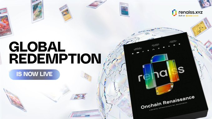 Promotional graphic for 'rendiss.xyz' announcing 'GLOBAL REDEMPTION IS NOW LIVE' with the tagline 'Onchain Renaissance' and 'Liberty Unleashed in Collections'.