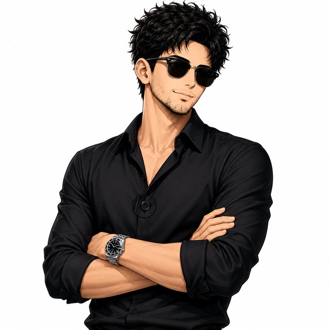 An anime-style illustration shows a smiling man with curly black hair and stubble, wearing sunglasses, a black button-down shirt, and a wristwatch, with his arms crossed.