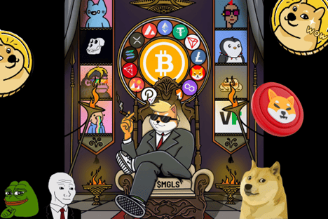 A pop-culture collage featuring a central figure in a suit seated on a throne holding cash, surrounded by cryptocurrency logos and meme characters including Doge, Wojak, and Pepe in stained-glass window frames.