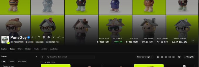 A webpage showing a collection of NFT characters called 'PonsGuy' with market statistics like 'FLOOR PRICE 0.0128 ETH' and 'TOTAL VOLUME 47.12 ETH'.