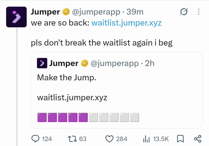 A tweet from Jumper (@jumperapp) reads 'we are so back: waitlist.jumper.xyz' with a reply 'pls don't break the waitlist again i beg' below a quoted tweet stating 'Make the Jump. waitlist.jumper.xyz'.