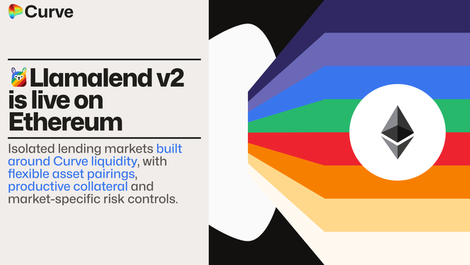 A Curve promotional graphic featuring the Ethereum logo with a colorful fan-like design, announcing "Llamalend v2 is live on Ethereum" and highlighting isolated lending markets built around Curve liquidity with flexible asset pairings and productive collateral.