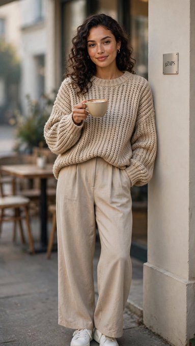 A smiling young woman with long curly hair stands on a street corner holding a coffee cup, dressed in a chunky knit beige sweater and loose-fitting beige linen trousers with white sneakers.