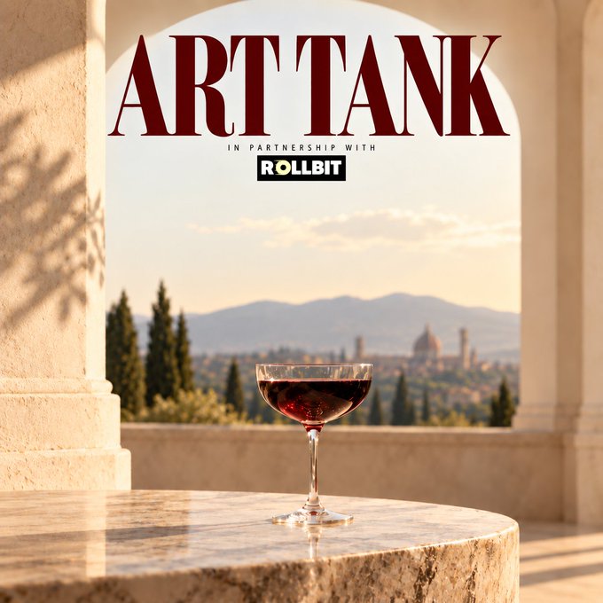 A cocktail glass with red wine sits on a marble table in an archway overlooking a Tuscan landscape, with bold text reading "ARTTANK IN PARTNERSHIP WITH ROLLBIT" displayed above—visually framing the launch of a curated art acquisition collaboration.