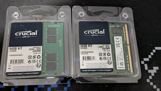 Two Crucial by Micron laptop RAM modules in retail packaging: a 64GB Kit (2x32GB) DDR4-3200 SODIMM on the left and a 32GB Kit (2x16GB) DDR4-3200 SODIMM on the right.
